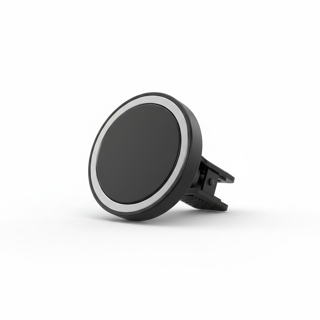 Matte black magnetic car phone mount with vent clip on a white background