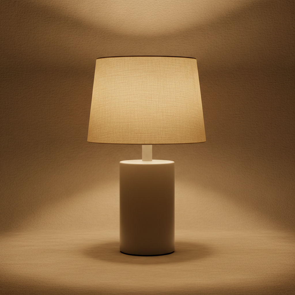 Modern table lamp with glowing fabric shade and neutral base