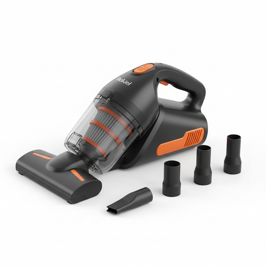 Compact cordless handheld car vacuum cleaner with nozzle attachments