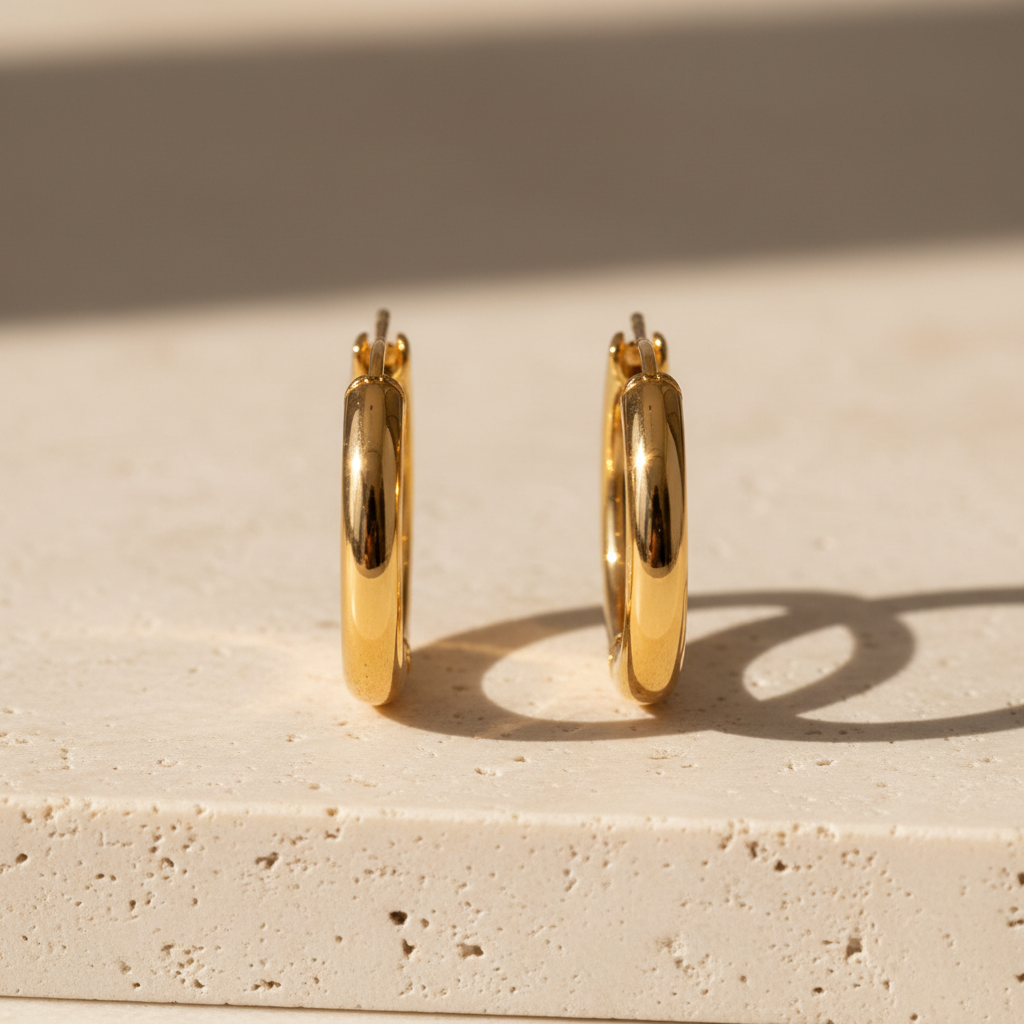 Pair of polished gold-tone hoop earrings on cream stone
