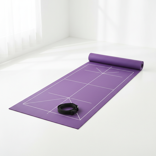 Purple 6mm anti-slip yoga mat with alignment lines and carry strap