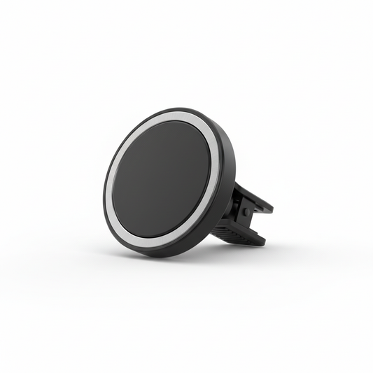 Matte black magnetic car phone mount with vent clip on a white background