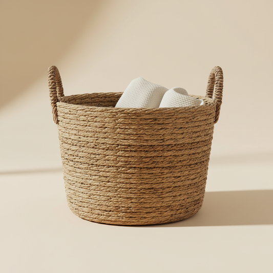 Natural woven storage basket with handles and folded cream throw