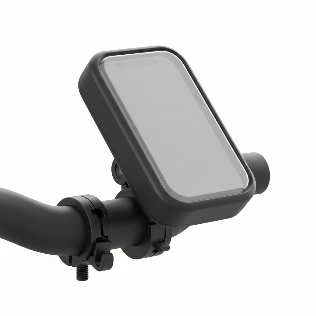 Waterproof bike phone holder with handlebar clamp on a white background