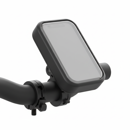 Waterproof bike phone holder with handlebar clamp on a white background