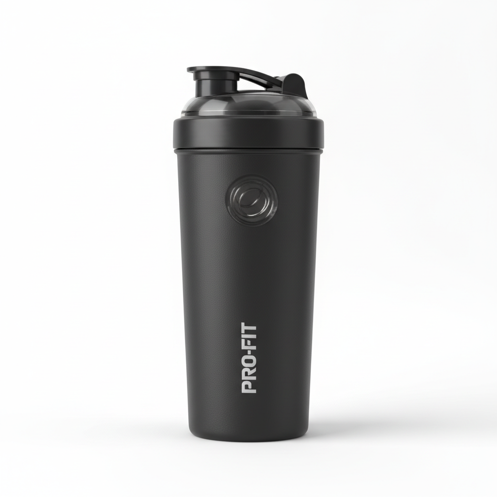 Black stainless steel protein shaker bottle with mixing ball