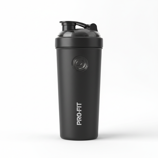 Black stainless steel protein shaker bottle with mixing ball