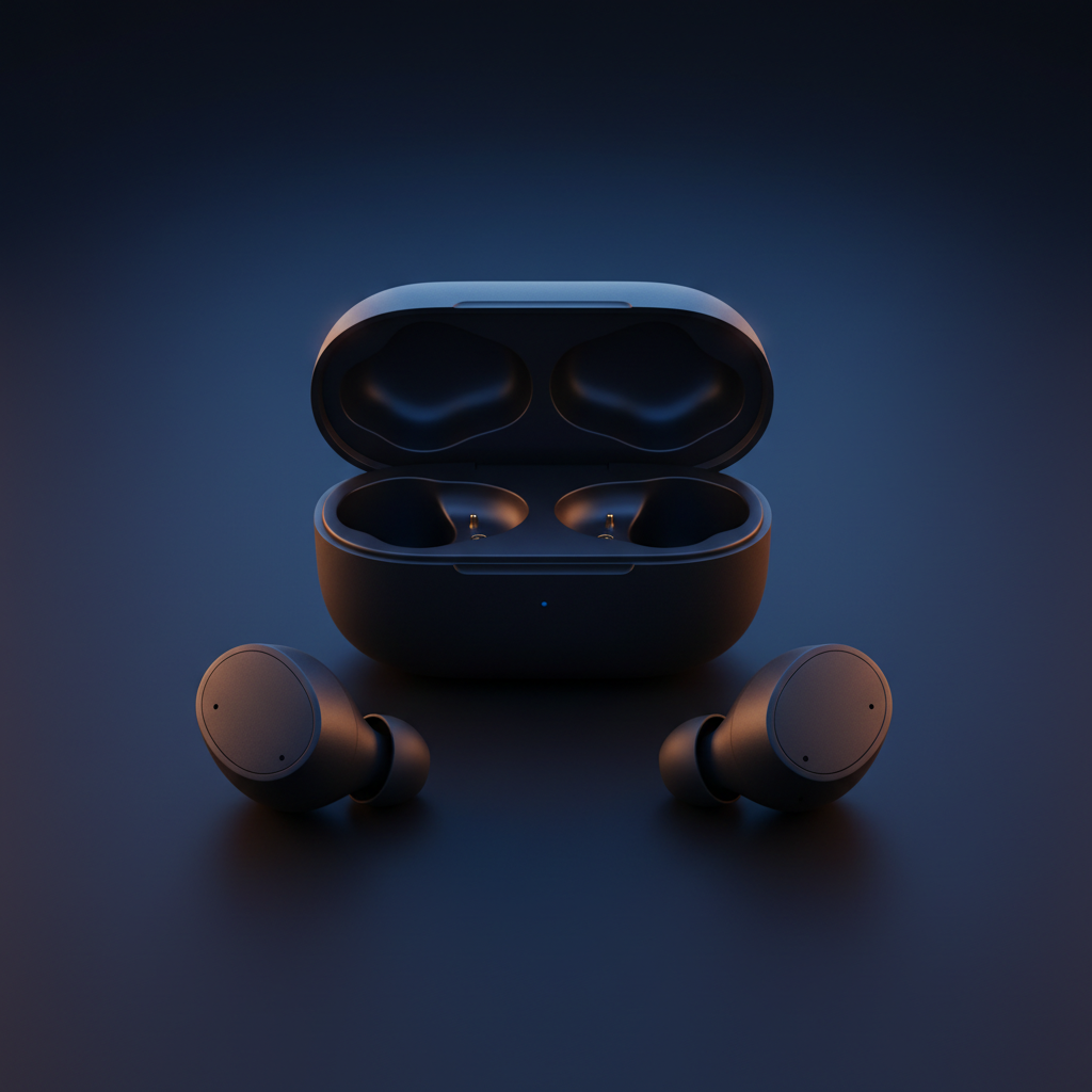Black true wireless earbuds with open compact charging case