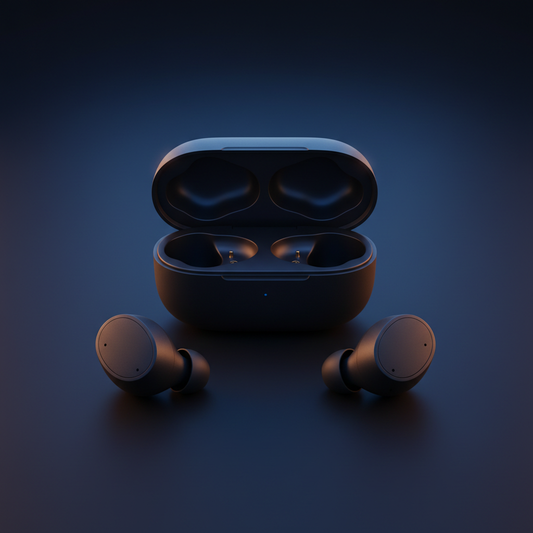 Black true wireless earbuds with open compact charging case