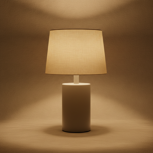 Modern table lamp with glowing fabric shade and neutral base