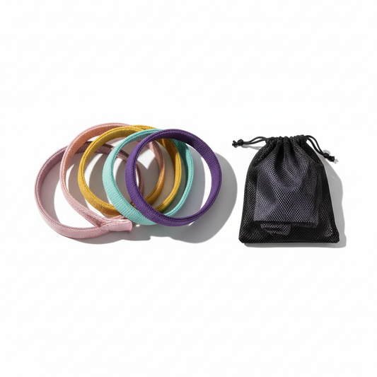 Five colourful fabric resistance loop bands with a mesh carry pouch